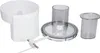 Various plastic and metal parts of a food processor attachment are displayed on a white background. Produktbild-Vorschau