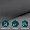 A close-up of dark gray fabric with three circular icons and text below them. Produktbild-Vorschau