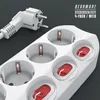 A close-up shot of a white power strip with four sockets and red individual switches, along with a white power plug. Voir les images du produit