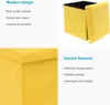 A collage of images showing a yellow storage ottoman, with text describing its features. Produktbild-Vorschau