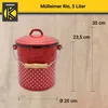 A red enamel trash can with white polka dots, shown with dimensions indicated by measurement lines and text. Produktbild-Vorschau