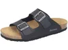 A black sandal with two adjustable straps and buckles, resting on a cork footbed and black sole. Produktbild-Vorschau