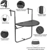 A close-up view of a black, rattan-look balcony hanging table with various features highlighted by callouts and text. Produktbild-Vorschau