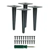 Four black metal furniture legs and a screwdriver with screws are arranged on a white background. Produktbild-Vorschau