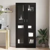 A black wooden bookcase with glass doors is shown in a room with a desk and a plant. Náhled obrázku produktu