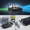 A collage of images showcasing a Reolink surveillance system, including cameras, a network video recorder, and a router. Produktbild-Vorschau