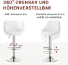 Two white bar stools are shown, one demonstrating 360-degree rotation and the other showing adjustable height. Text describes these features. Produktbild-Vorschau