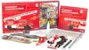 A collection of items from a fire engine advent calendar, including the box, a booklet, and various model parts. Produktbild-Vorschau