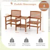 A diagram showing the dimensions of a wooden outdoor seating set with a table. Náhľad obrázku produktu