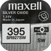 A close-up of a Maxell SR0927SW 395 1.55V silver oxide button cell battery label. Produktbild-Vorschau
