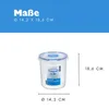 A transparent food container with a blue lid, shown with dimensions indicated by lines and text. Anteprima dell’immagine prodotto