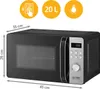 A black microwave oven with dimensions indicated by arrows and labels. Three circular icons with text and symbols are displayed above the microwave. Produktbild-Vorschau
