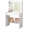 A white makeup vanity with a lighted mirror and shelves below, displaying some accessories. Podgląd zdjęcia produktu