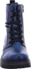 A close-up, front-facing view of a blue lace-up boot with a black sole and black laces. Voir les images du produit