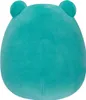 The back view of a teal-colored plush toy with two small, round ears at the top. Produktbild-Vorschau