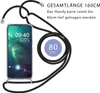 A smartphone with a black lanyard attached, displayed against a white background. Text overlays provide product specifications. Produktbild-Vorschau