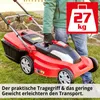 A person is holding a red electric lawnmower on a grassy lawn. Produktbild-Vorschau