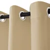 Close-up view of beige outdoor curtains with grommets hanging on a black curtain rod. Produktbild-Vorschau