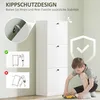 A boy plays with a toy car in front of a white shoe cabinet, with safety instructions and feature highlights shown. Produktbild-Vorschau