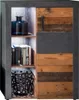 A close-up of a modern storage cabinet with a sliding door and open shelving. Produktbild-Vorschau