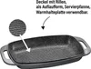 A close-up view of a grill pan with a magnified section showing its textured surface, accompanied by descriptive text. Produktbild-Vorschau