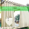 Outdoor curtains attached to a pergola, showing a comparison of 'After Use' and 'Before Use'. Produktbild-Vorschau
