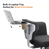 A laptop and a coffee cup are placed on a tray attached to an office chair. Podgląd zdjęcia produktu