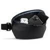 A black belt bag with its zipper open, showing a smartphone, wireless earbuds, and a wallet inside. Anteprima dell’immagine prodotto