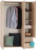 An open wardrobe with clothes hanging inside and shelves with folded items and pillows. Náhľad obrázku produktu