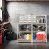 A garage or storage area with shelves filled with various items like tires, containers, and a toolbox. Náhled obrázku produktu