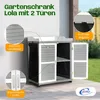 A garden cabinet with its doors open, displayed outdoors on a patio with grass in the background. Callouts highlight features. Produktbild-Vorschau