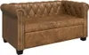 A brown faux leather Chesterfield sofa with button tufting on the backrest and arms. Produktbild-Vorschau