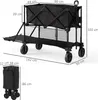 A diagram showing the dimensions of a black foldable garden wagon, both in its expanded and folded states. Produktbild-Vorschau
