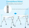 Two shower stools shown at different heights, with measurements and text indicating adjustability. Produktbild-Vorschau