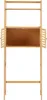 A wooden over-the-toilet shelf unit with an open cabinet section and two shelves above. Produktbild-Vorschau