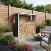 A backyard patio with a fire pit and a log store. Podgląd zdjęcia produktu