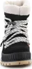 A front view of a black winter boot with white laces and a white fuzzy lining. Produktbild-Vorschau