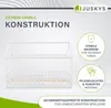 A white wooden children's bed with a house-like frame and a safety rail, presented with marketing text and icons highlighting its features. Náhled obrázku produktu