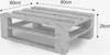 A 3D rendering of a wooden pallet coffee table with dimensions indicated. Produktbild-Vorschau