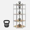 A corner shelving unit with kettlebells on it and one kettlebell next to it. Náhled obrázku produktu