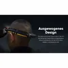 A person wearing a headlamp with text describing its balanced design. Produktbild-Vorschau