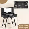 A black vanity table with a mirror and drawers, shown with dimensions and measurements. Podgląd zdjęcia produktu
