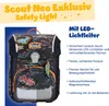 A Scout brand school backpack with a flame design and car patches, featuring promotional text about its LED lights and features. Voir les images du produit