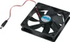 A black computer fan with a red and black wire and a DC connector. Produktbild-Vorschau