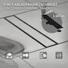 A black drain channel is installed in a tiled floor, with product features highlighted by icons and text. Náhled obrázku produktu
