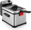 A stainless steel deep fryer with a black lid and handle, shown from a diagonal angle against a white background. Produktbild-Vorschau
