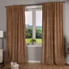 A room interior with large brown velvet curtains covering a window, with a view of greenery outside.