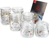 A set of glass jars with lids and a brochure. Produktbild-Vorschau