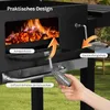 A close-up view of a black charcoal grill with flames visible inside, highlighting its features with text and arrows. Produktbild-Vorschau