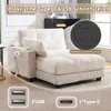 A beige chaiselongue with integrated USB ports and cup holders, shown in a living room setting with marketing overlays highlighting its features. Produktbild-Vorschau